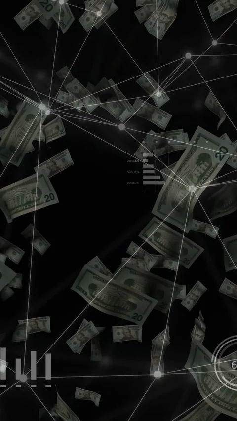 Vertical video: Network glow sparking US notes falling and spinning while HUD Stock Footage 335678143