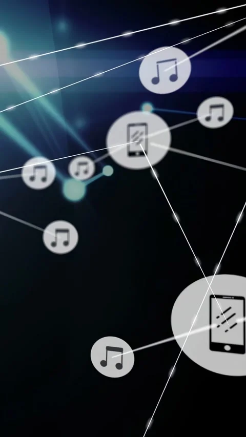 Vertical video: Network graphic pulsing upper-right linking phone or music icons Stock Footage 332985298