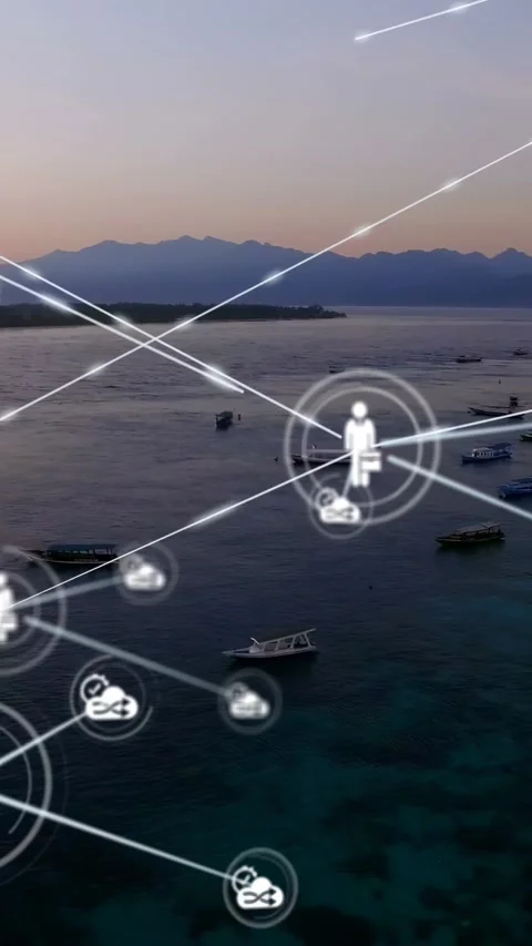 Vertical video: Network HUD pulsing central node, growing user icons and linking Stock Footage 330210148