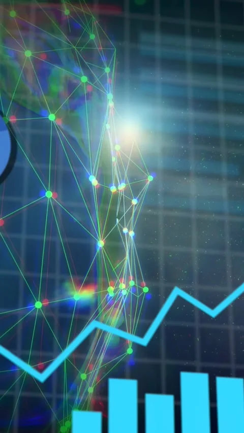 Vertical video: Network mesh rotating after lens flaring, nodes pulsing, readout Stock Footage 335263930