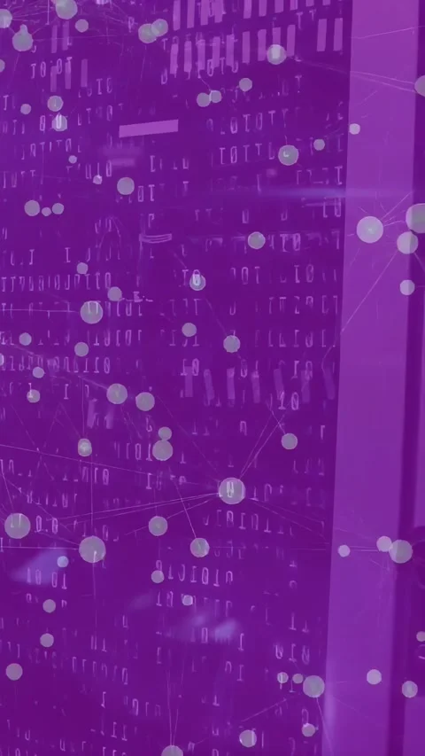 Vertical video: Network nodes drifting over purple tech rack, camera panning Stock Footage 332644514