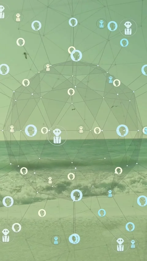 Vertical video: Network overlay activating over shore, dome and nodes drifting, Stock Footage 333289640