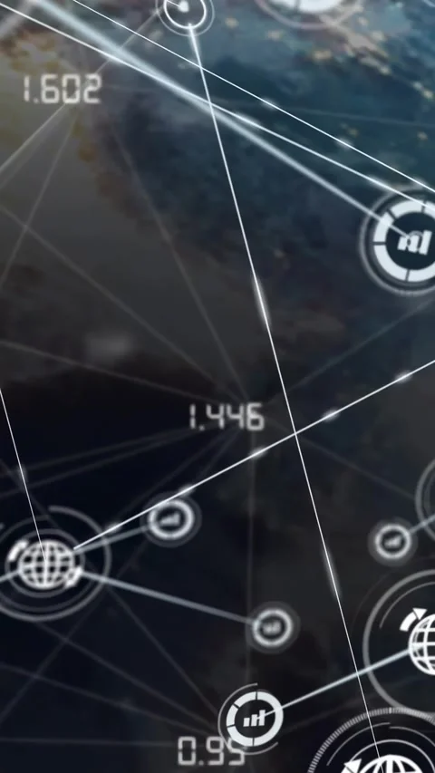 Vertical video: Network overlay forming on Earth, sweep sparking globe icons, Stock Footage 334604407