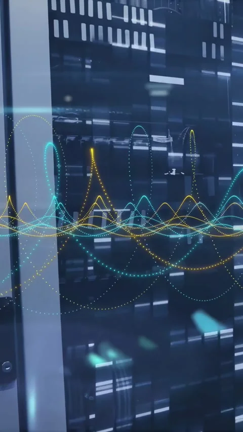 Vertical video: Network pulse driving hologram waveform, rippling across glass Stock Footage 333479859