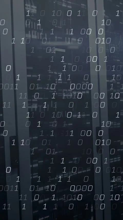 Vertical video: Network pulse starting binary stream sliding over racks, showing Stock Footage 334397202
