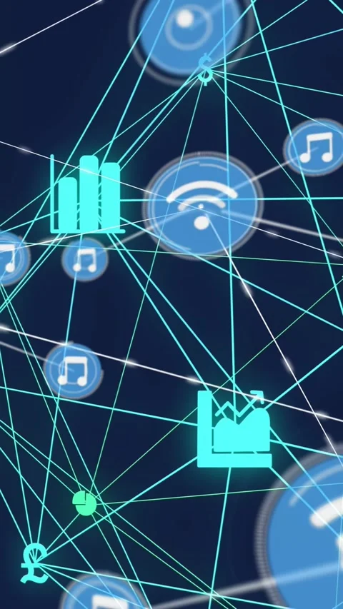 Vertical video: Network pulses sparking node rings and icons appearing, Wi-Fi Video stock 331077446