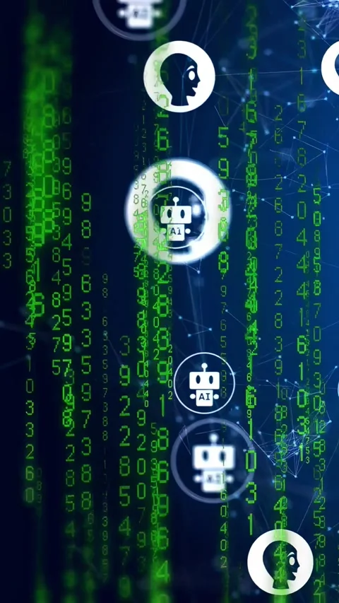 Vertical video: Network pulsing, avatars drifting, gaining rings amid code, Stock Footage 332869177