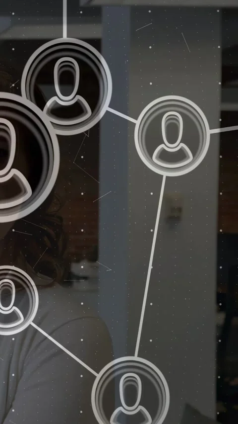 Vertical video: Network UI showing nodes on tilt, grouping links over her Stock Footage 333006231