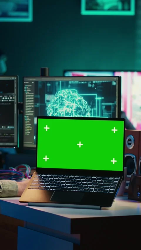 Vertical video Neuroscientist uploads brain into cyberspace using green screen Stock Footage 266746891