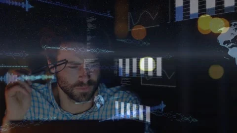 Vertical video: New data sparking charts code hud reflecting on glasses dev Stock Footage 332746933