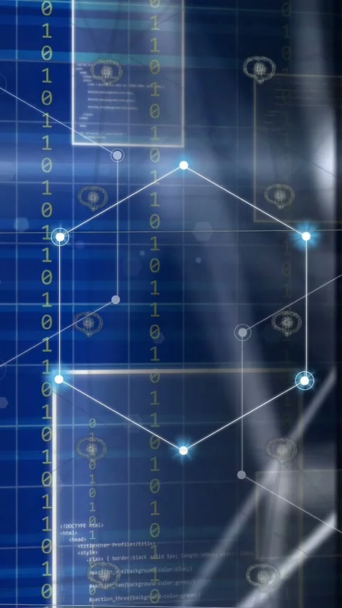 Vertical video: Node activating hexagon network forming pulsing AI icons Vidéo 334917230