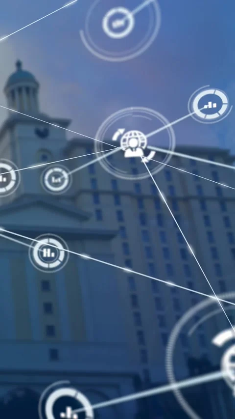 Vertical video: Node appearing on building, network expanding, linking globe 스톡 동영상 330965844