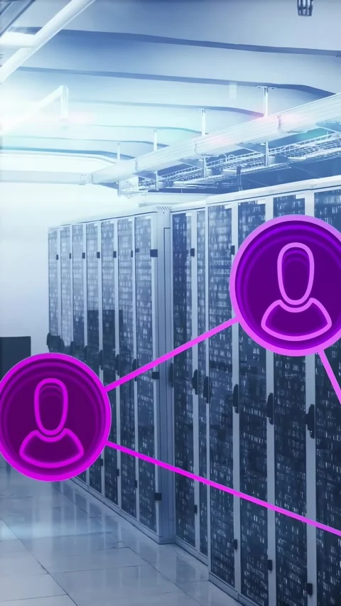 Vertical video: Node appearing in datacenter aisle, forming linked purple nodes Stock Footage 334544165