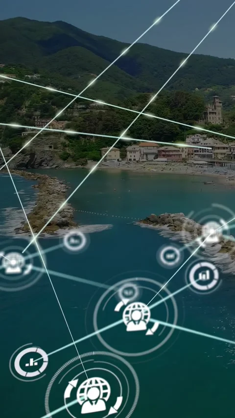 Vertical video: Node appearing, icons spawning and linking, showing network Stock Footage 329876450