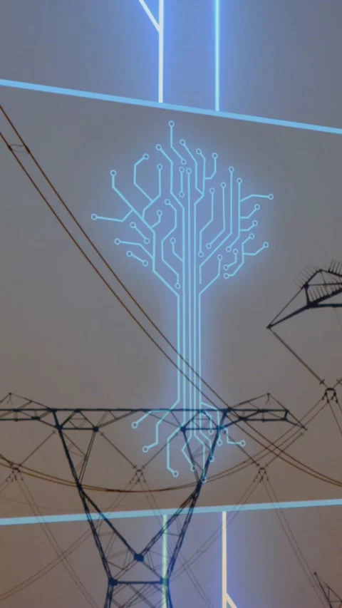 Vertical video: Node appearing neon circuit-tree overlay growing threading pylon Stock Footage 329961485