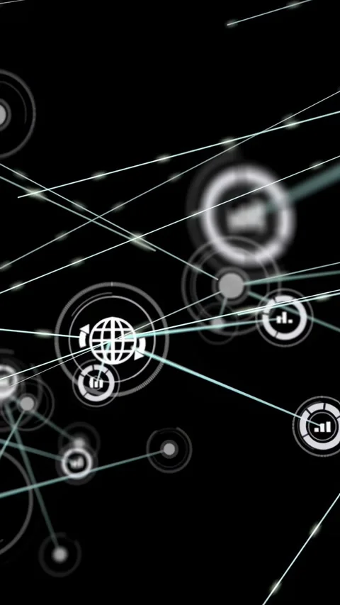 Vertical video: Node appearing pulsing, sending lines, linking globe and bar Video stock 330720735