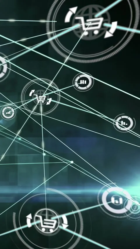 Vertical video: Node blink starting lines, network showing commerce flow, cart Stock Footage 334546814