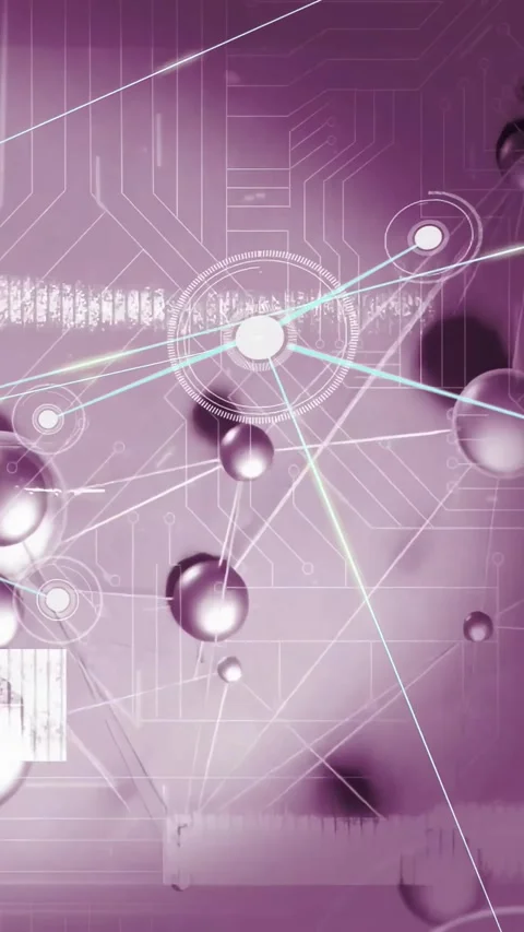 Vertical video: Node cluster forming after glitch, spheres drifting, linking, Video stock 334024775