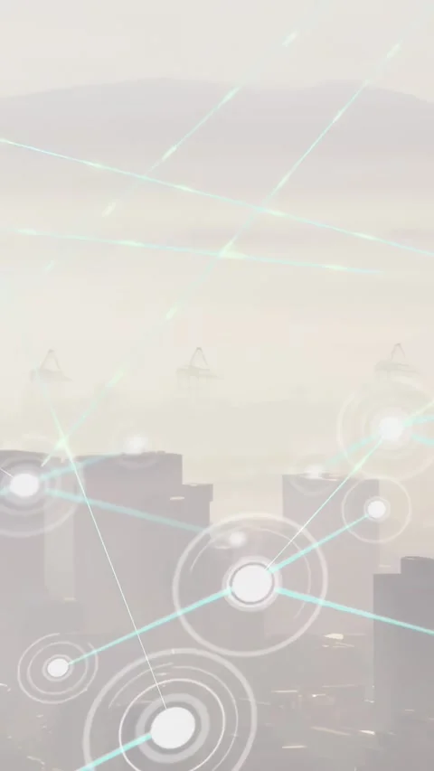 Vertical video: Node, cyan streak fading in, growing nodes, lines over foggy 스톡 동영상 334319415