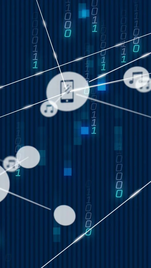 Vertical video: Node drifting in, spawning phone or music nodes, connecting tech Stock Footage 331199295