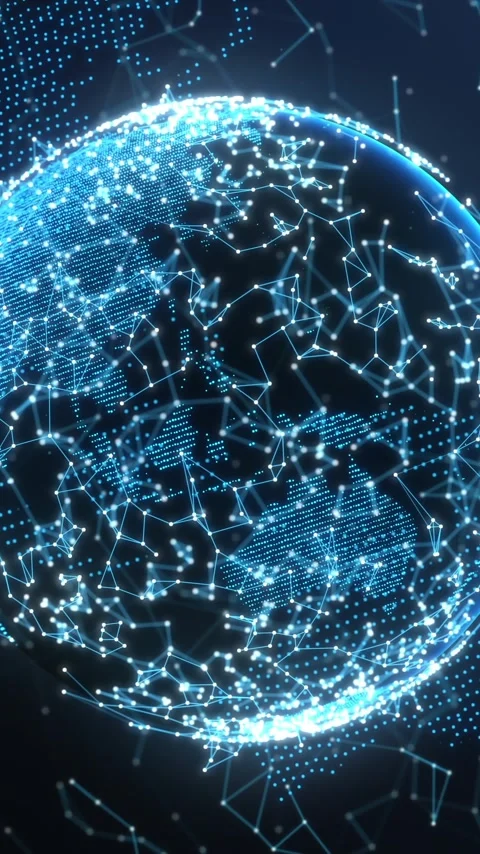 Vertical video: Node flicker starting digital globe rotating pulsing, mapping Stock Footage 348491526