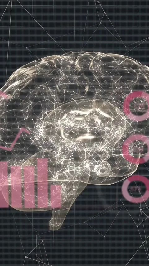 Vertical video: Node glow starting 3D brain turning while pink rings charts Stockbeeldmateriaal 334836893