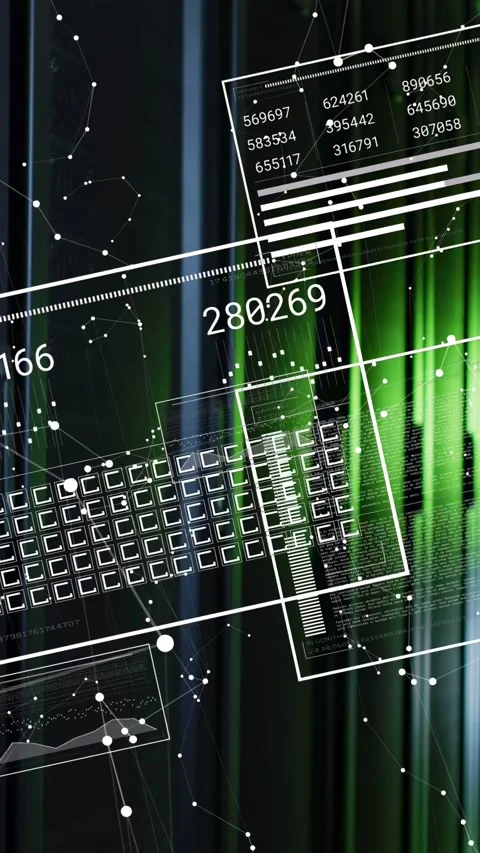 Vertical video: Node network activating, HUD panels updating numbers, sliding 動画素材 332747817