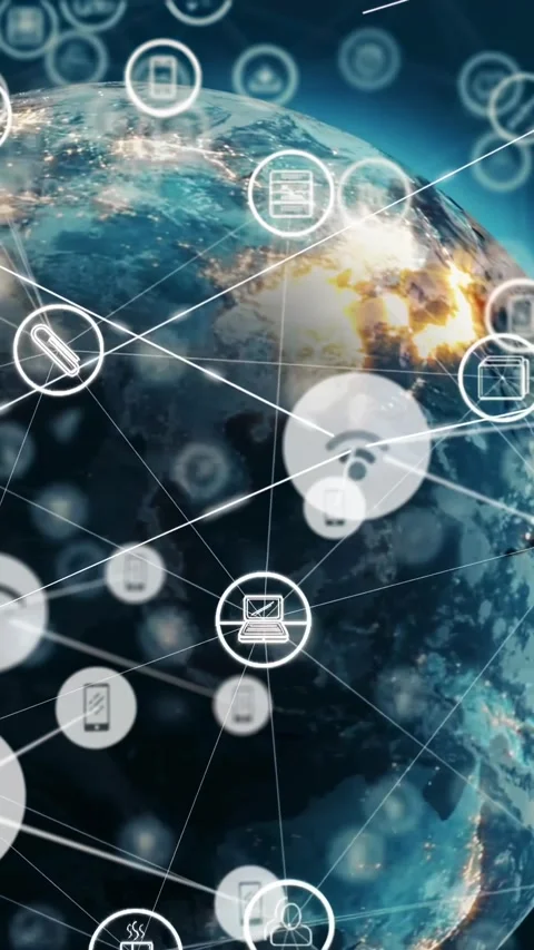 Vertical video: Node popping over Earth, sparking pulsing icons and lines to Video stock 330196007