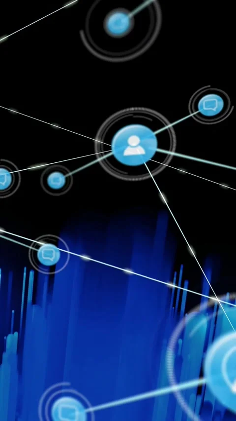 Vertical video: Node pulse causing glowing icons sending data across neon bars 스톡 동영상 330210068