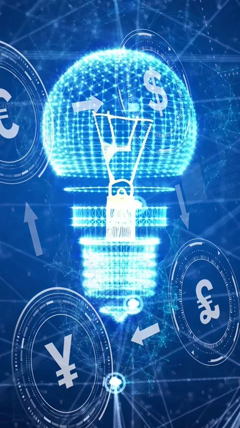 Vertical video: Node pulse starting 3D bulb rising, lighting, shifting currency Stock Footage 332869089