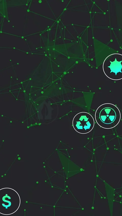 Vertical video: Node pulsing spawning recycle CO2 finance icons clustering into 스톡 동영상 330655746