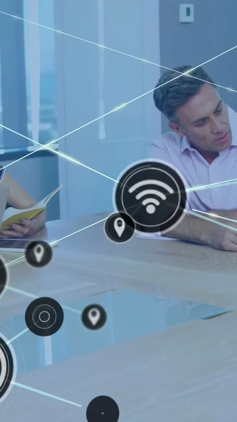 Vertical video: Node rising, forming rings and lines, overlapping colleagues, Stock Footage 334392193