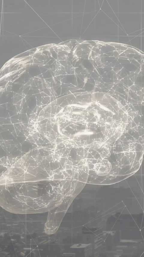 Vertical video: Node sending pulse, 3D brain hologram rotating and pulsing to Stock Footage 328398205