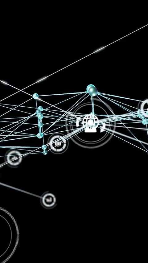 Vertical video: Nodes appearing turquoise 3D mesh shifting and expanding HUD Stock Footage 332595069