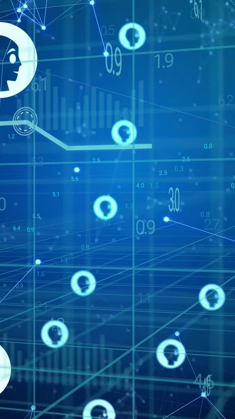 Vertical video: Nodes drifting on blue grid, camera panning, cluster forming and Vídeo Stock 333527706