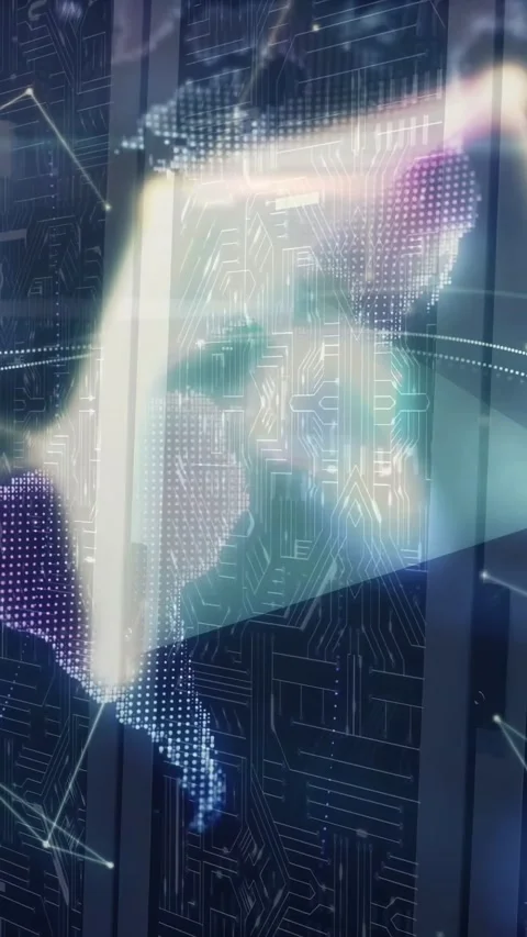 Vertical video: Nodes drifting from top forming digital globe over glass door, Vidéo 333006211