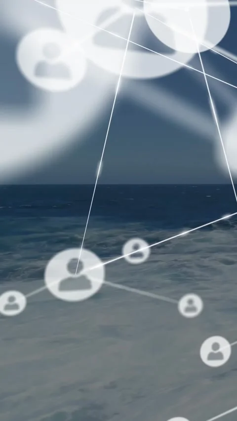 Vertical video: Nodes fading in from right, moving over sea, scaling and Vídeo Stock 329876479