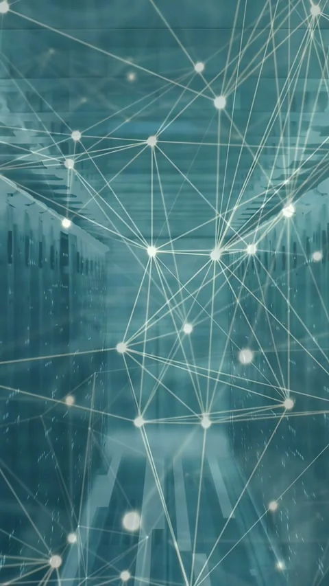 Vertical video: Nodes growing, lines joining into mesh, converging between racks Stock Footage 333006196