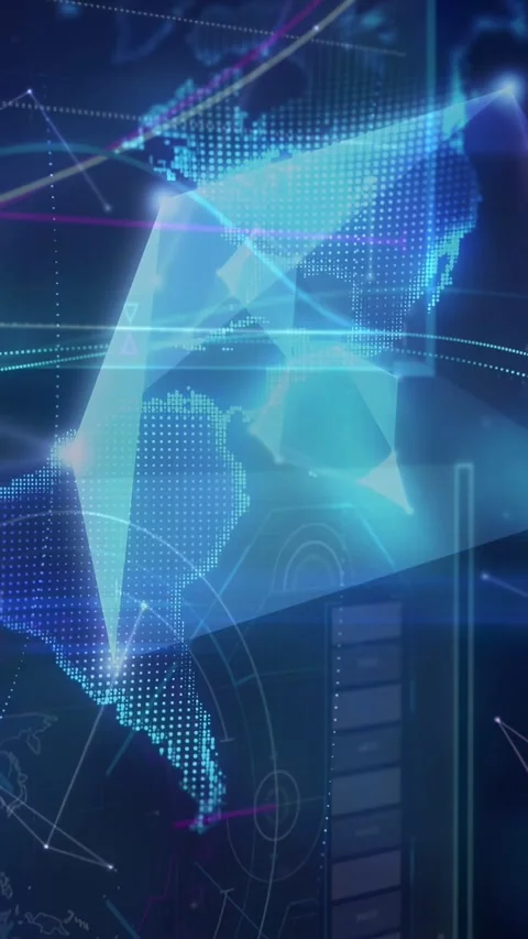Vertical video: Nodes popping, triangles merging, map folding into holo globe Stock Footage 332985361