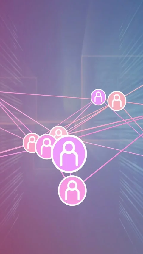 Vertical video: Nodes spreading, clustering around pulsing purple node, Stock Footage 333862022