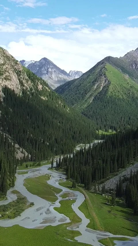 Vertical video: Nomad Yurt Camp in Lush Alpine Valley Aerial Forward Stock Footage 331993112