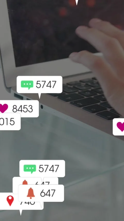 Vertical video: Notifications popping, hand tapping laptop, swiping, counters Stock Footage 328398120