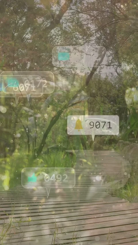Vertical video: Notifs rising on path urging man biking, icons stacking around Stock Footage 333953868