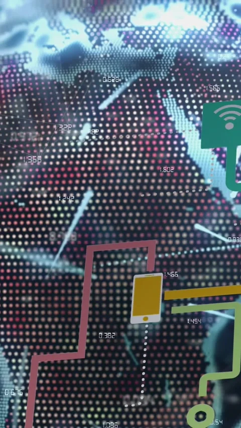 Vertical video: Numeric labels pulsing, pixel map sending data to yellow phone, Stock Footage 330982681