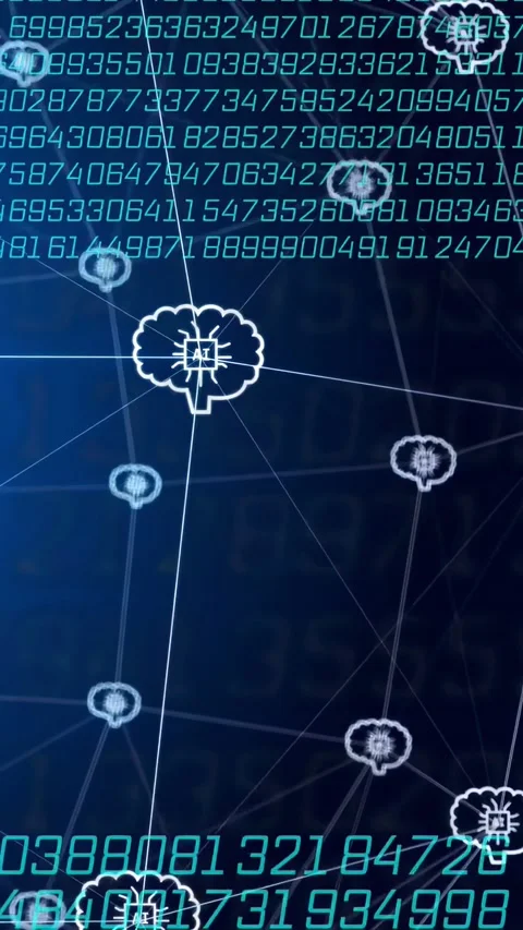 Vertical video: Numeric matrix scrolling causing AI node pulsing on line and Video stock 332775795