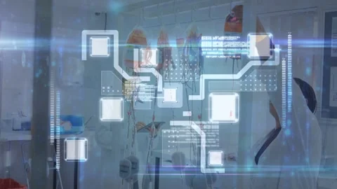 Vertical video: Nurse adjusting IV tubing in clinic bay, activating AR schematic Stock Footage 332545103
