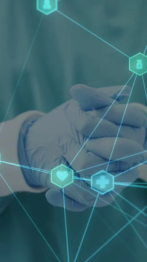 Vertical video: Nurse gloved hands reaching cupping green orb with health icons Stock Footage 340133412