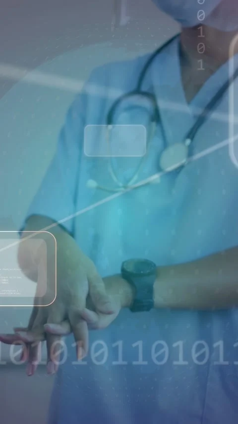 Vertical video: Nurse locking fingers rubbing wrists as AR marking stethoscope Stock Footage 333977973