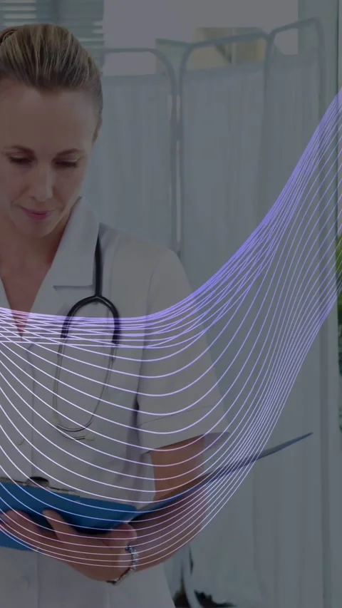 Vertical video: Nurse opening blue patient folder, scanning for care, animated Video stock 332806904