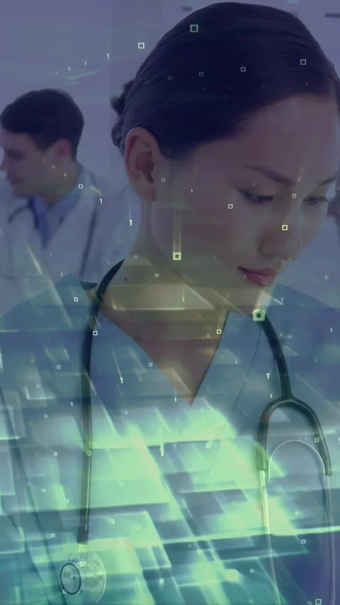 Vertical video: Nurse reading records for care, data feed starting teal grid Stock Footage 330542811